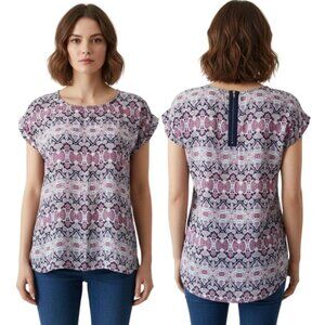 Pink Republic Women's Short Sleeve Printed Exposed Back Zipper Blouse Size Small